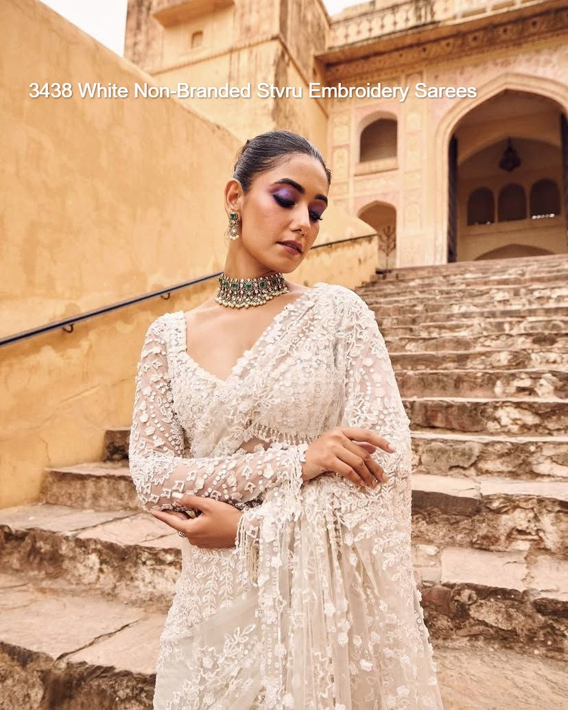 3438 White Non-Branded Stvru Embroidery Sarees