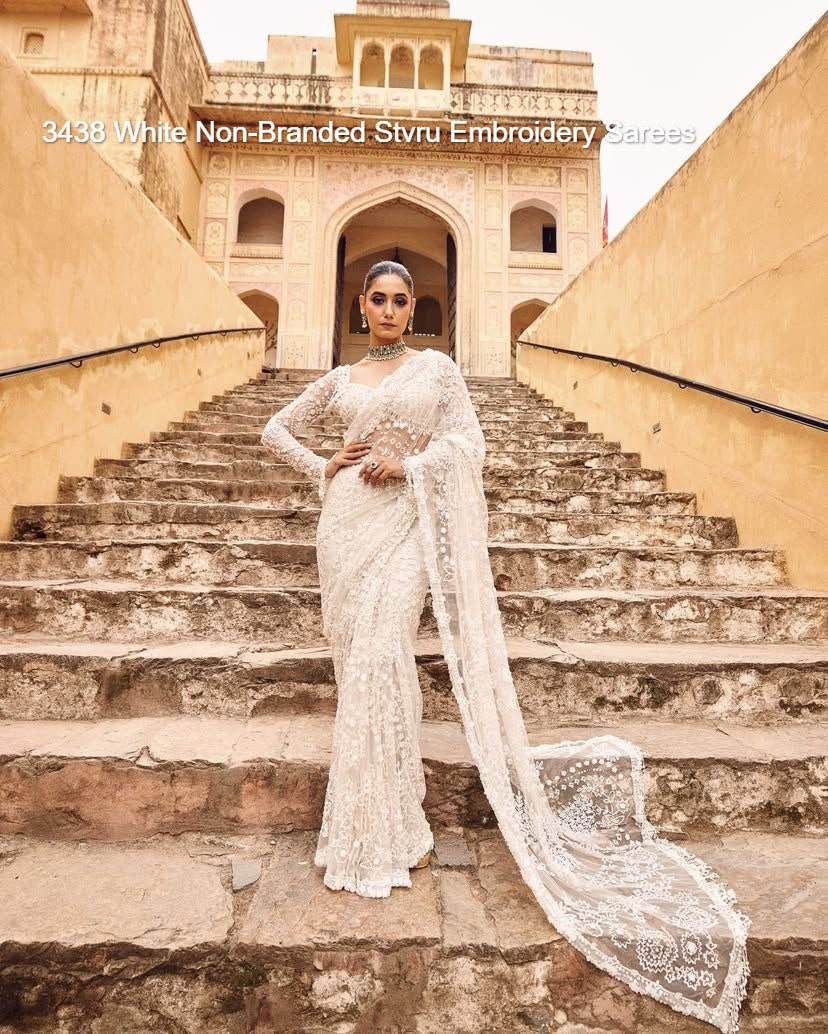 3438 White Non-Branded Stvru Embroidery Sarees