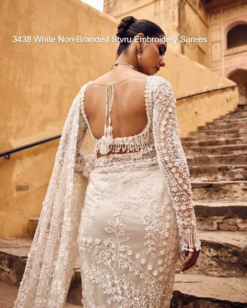 3438 White Non-Branded Stvru Embroidery Sarees