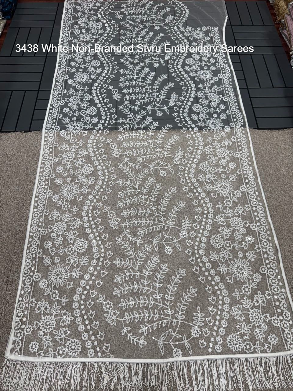 3438 White Non-Branded Stvru Embroidery Sarees