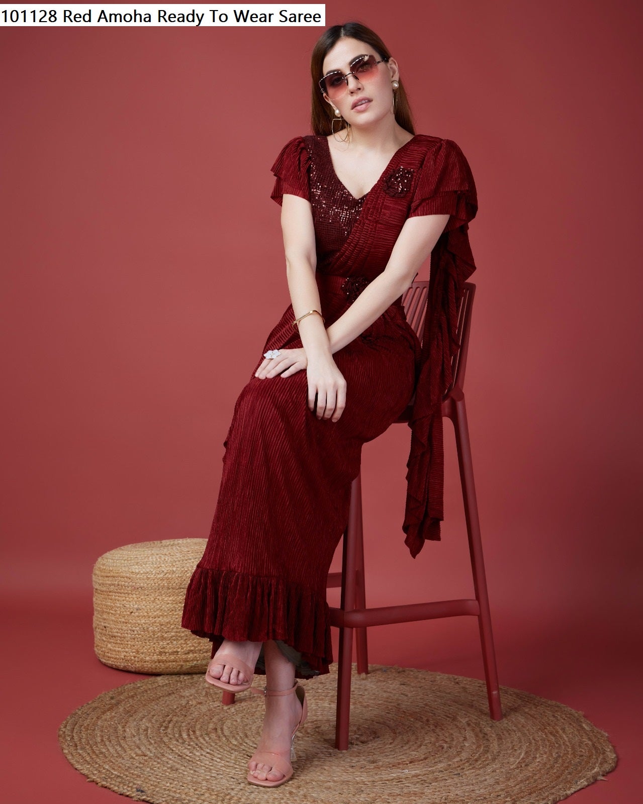 101128 Red Amoha Ready To Wear Saree