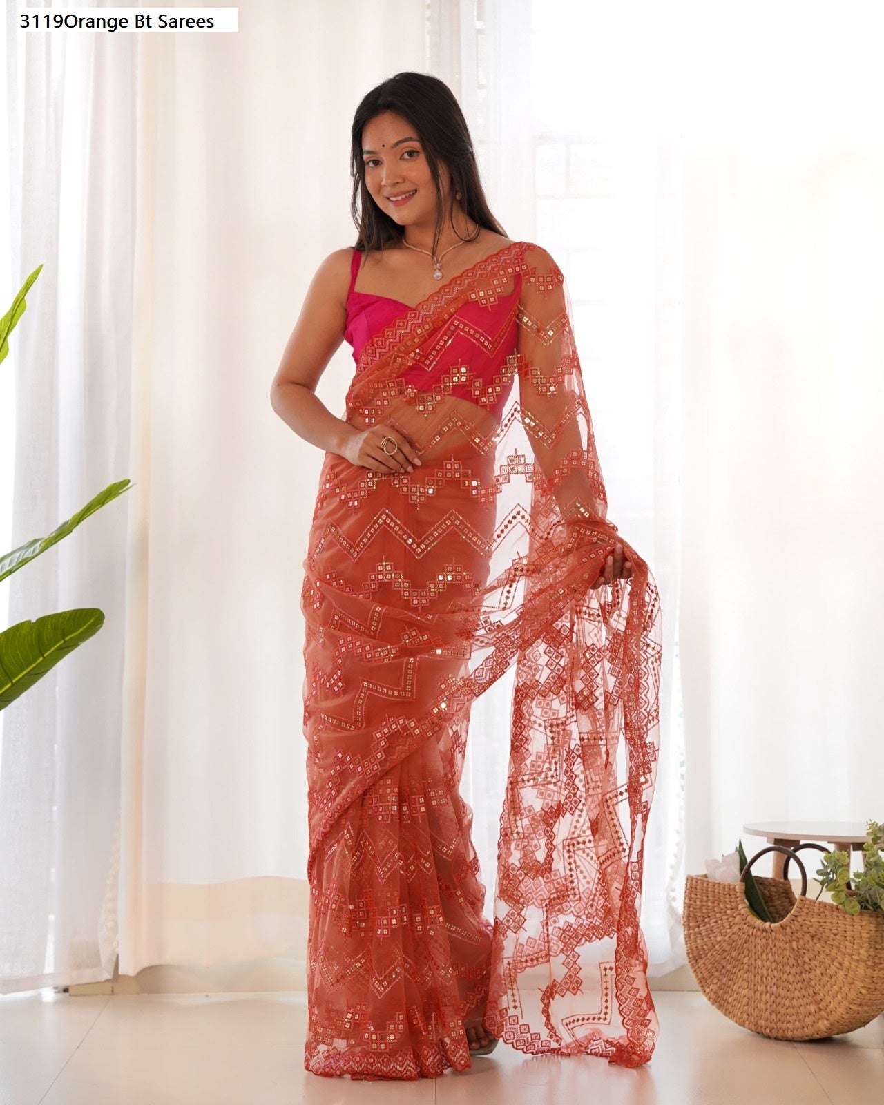 3119Orange Bt Sarees