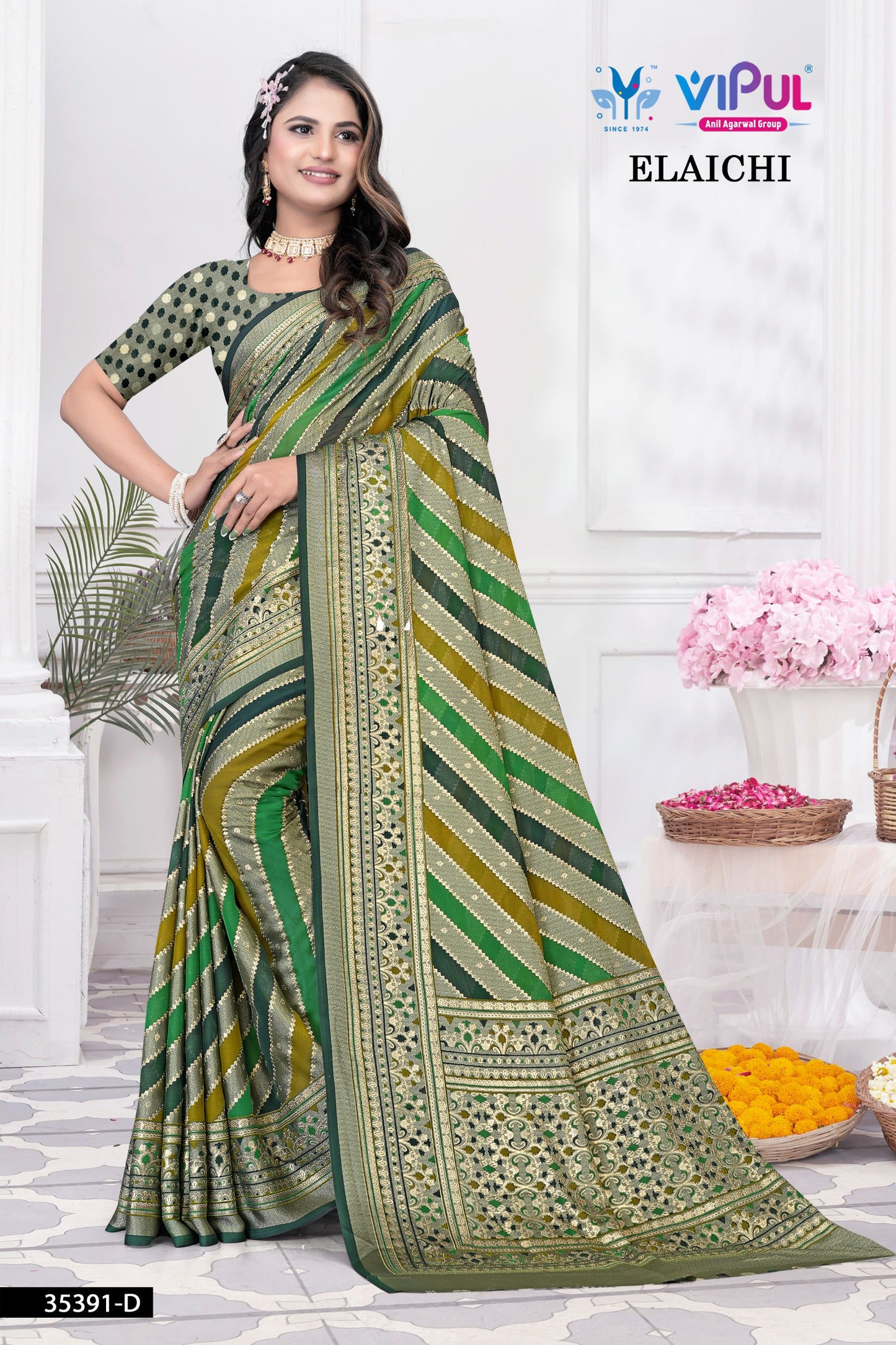 35391-D Olive Green Elaichi Vipul Brasso Sarees