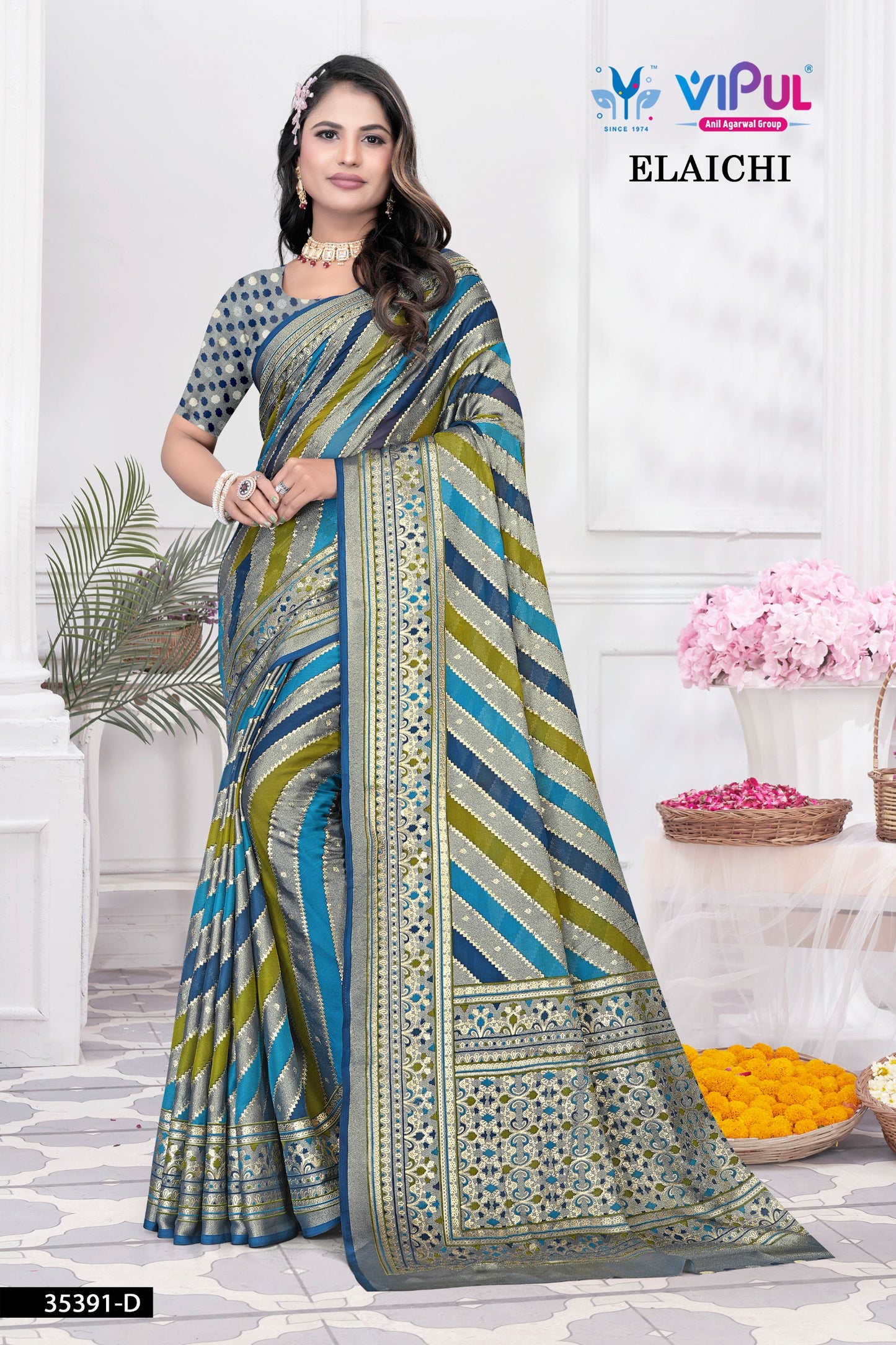 35391-D Teal Elaichi Vipul Brasso Sarees