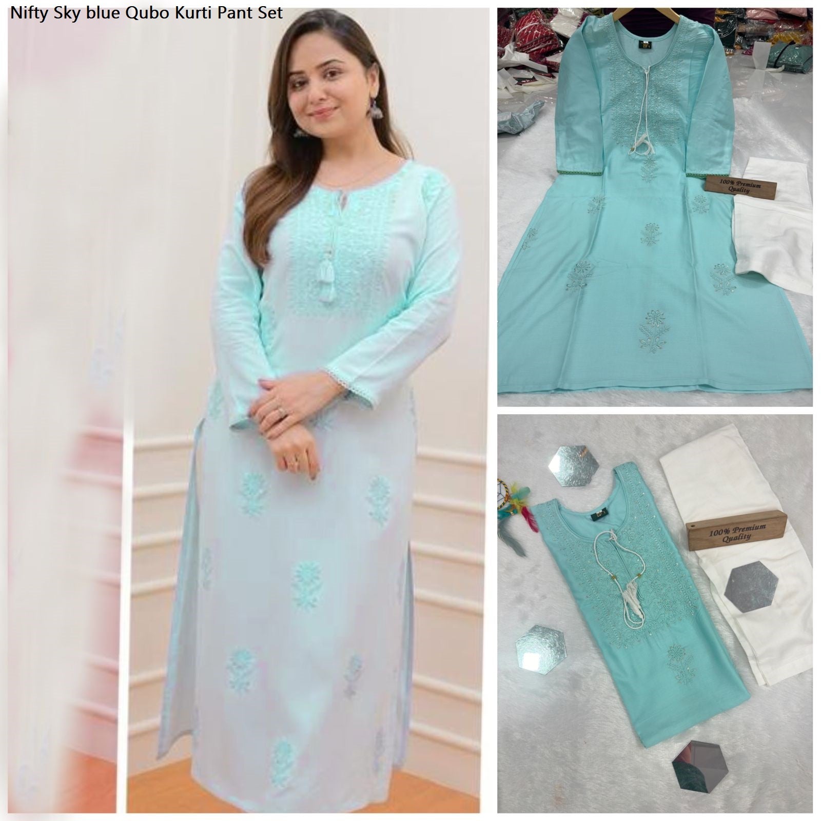 Nifty Sky Blue Qubo Kurti Pant Set