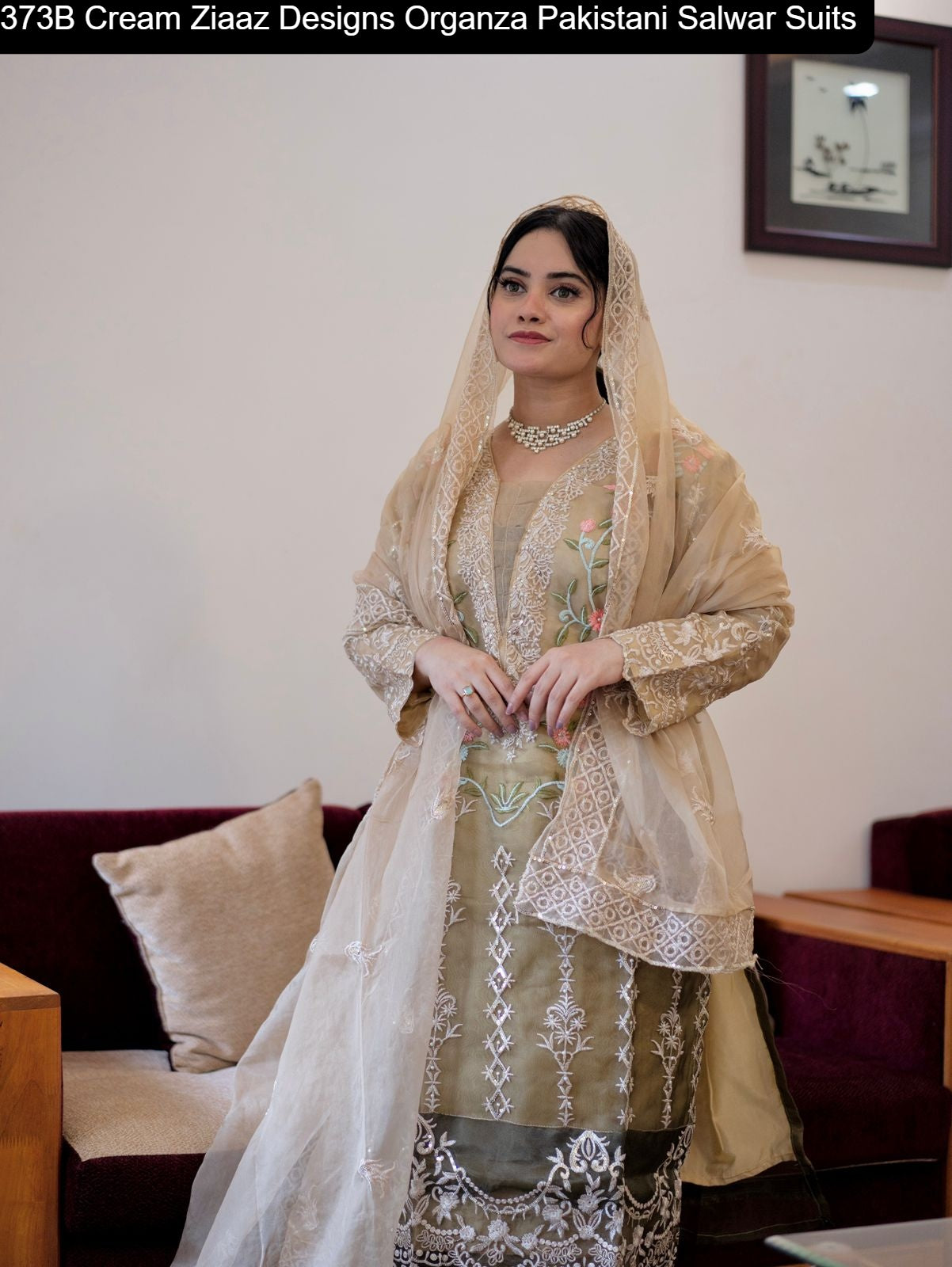 373B Cream Ziaaz Designs Organza Pakistani Salwar Suits
