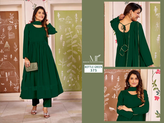 375 Bottle Green Sajni Vol 1 Moksh Premium Georgette Gown Dupatta Set