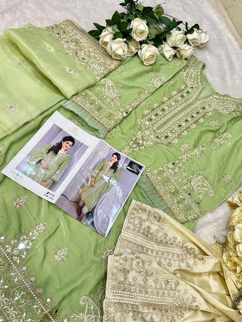 378 Pista Ziaaz Designs Mirror Work Pakistani Salwar Suits