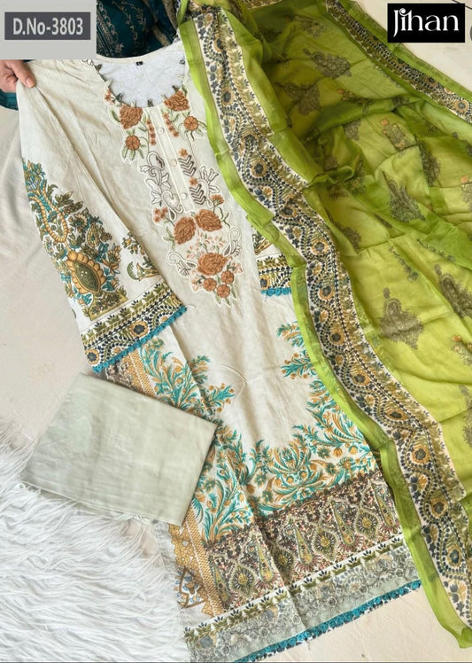 3803 White Jihan Embroidery Pakistani Patch Suits
