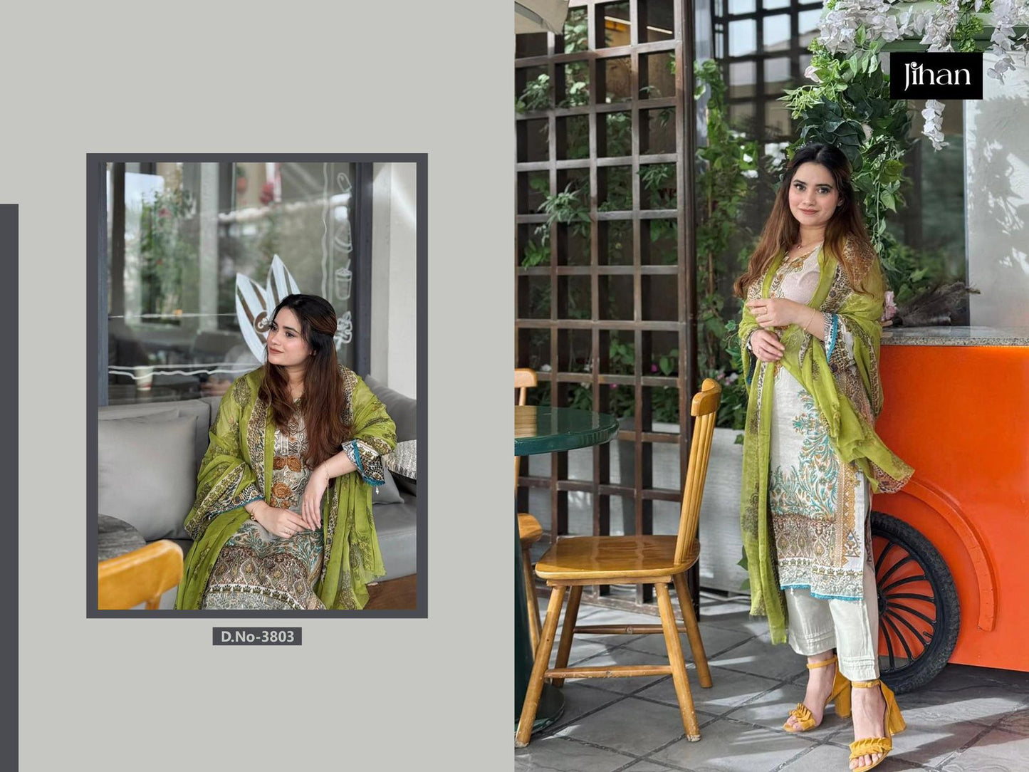 3803 White Jihan Embroidery Pakistani Patch Suits
