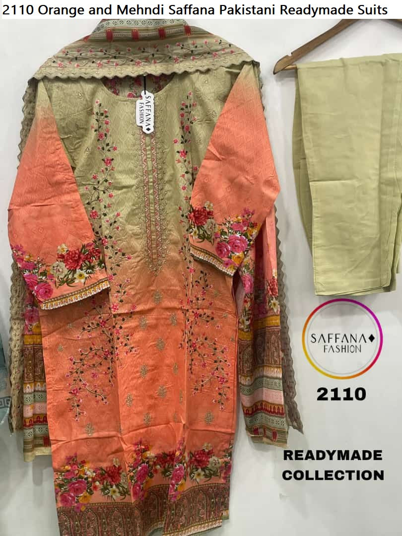 2110Orange And Mehndi Saffana Pakistani Readymade Suits