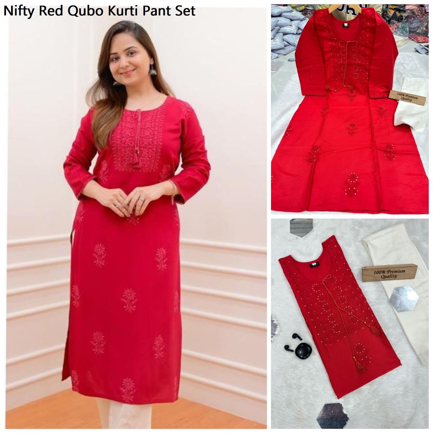 Nifty Red Qubo Kurti Pant Set