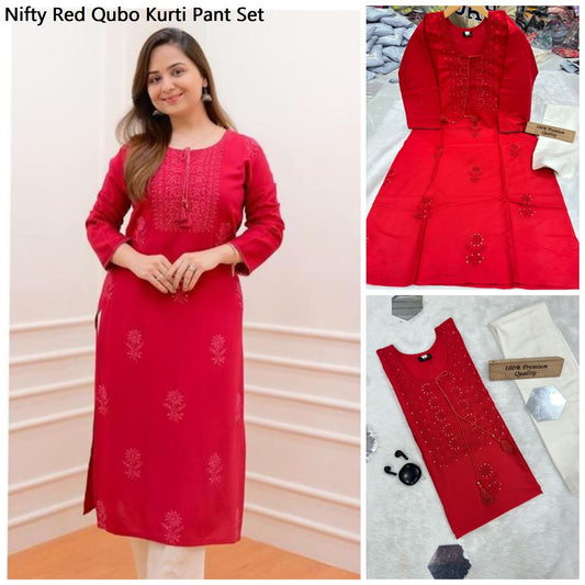 Nifty Red Qubo Kurti Pant Set