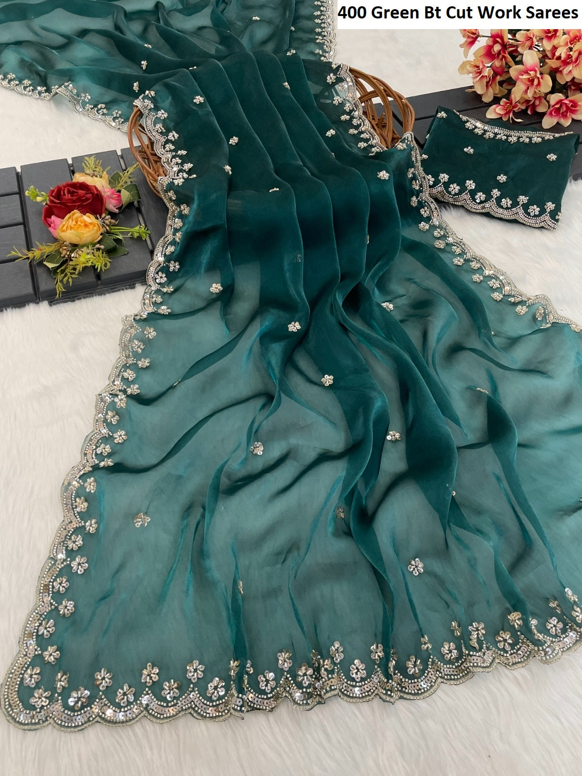 400 Green Bt Cut Work Sarees