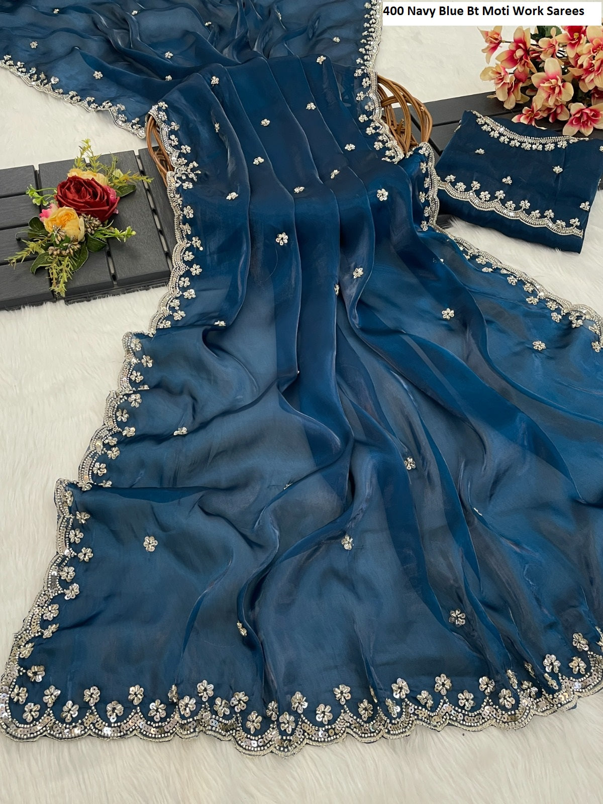 400 Navy Blue Bt Moti Work Sarees