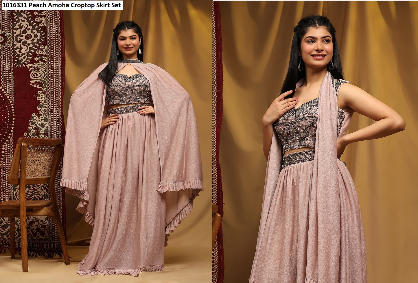 1016331Peach Amoha Croptop Skirt Set
