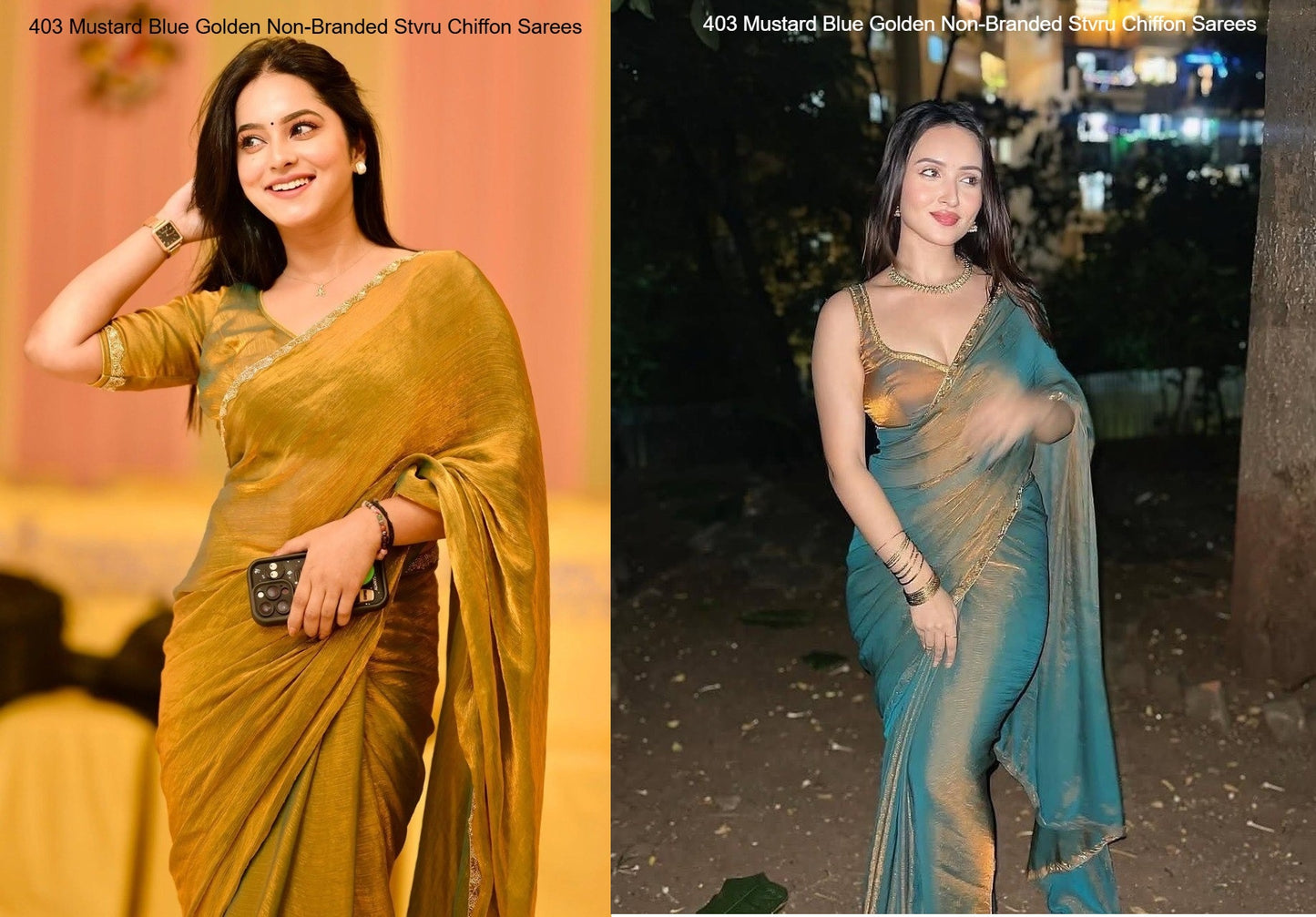 403 Mustard Blue Golden Non-Branded Stvru Chiffon Sarees