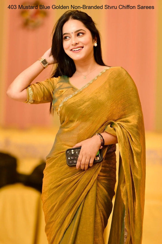 403 Mustard Blue Golden Non-Branded Stvru Chiffon Sarees