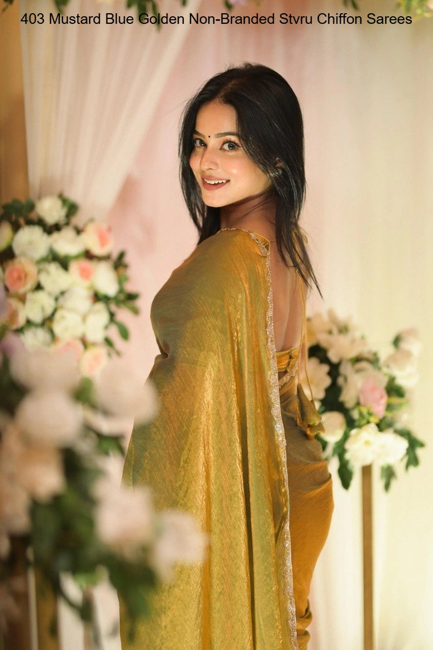 403 Mustard Blue Golden Non-Branded Stvru Chiffon Sarees