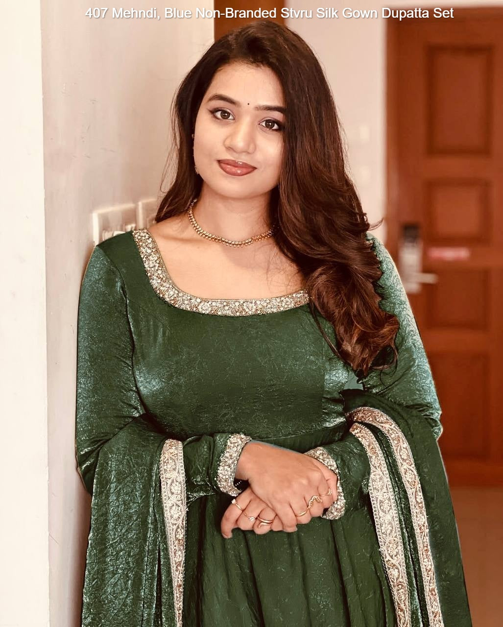 407 Mehndi, Blue Non-Branded Stvru Silk Gown Dupatta Set