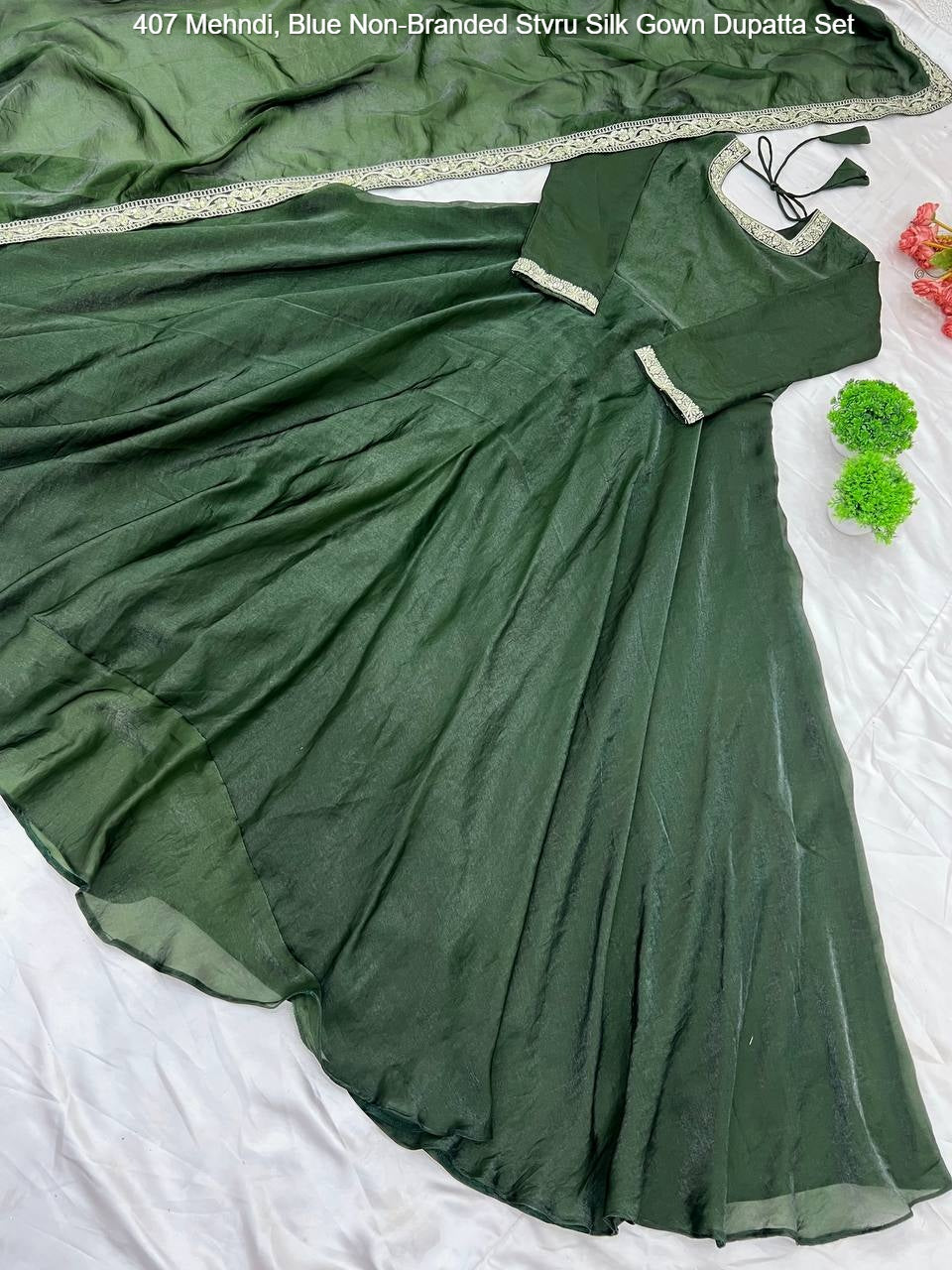 407 Mehndi, Blue Non-Branded Stvru Silk Gown Dupatta Set