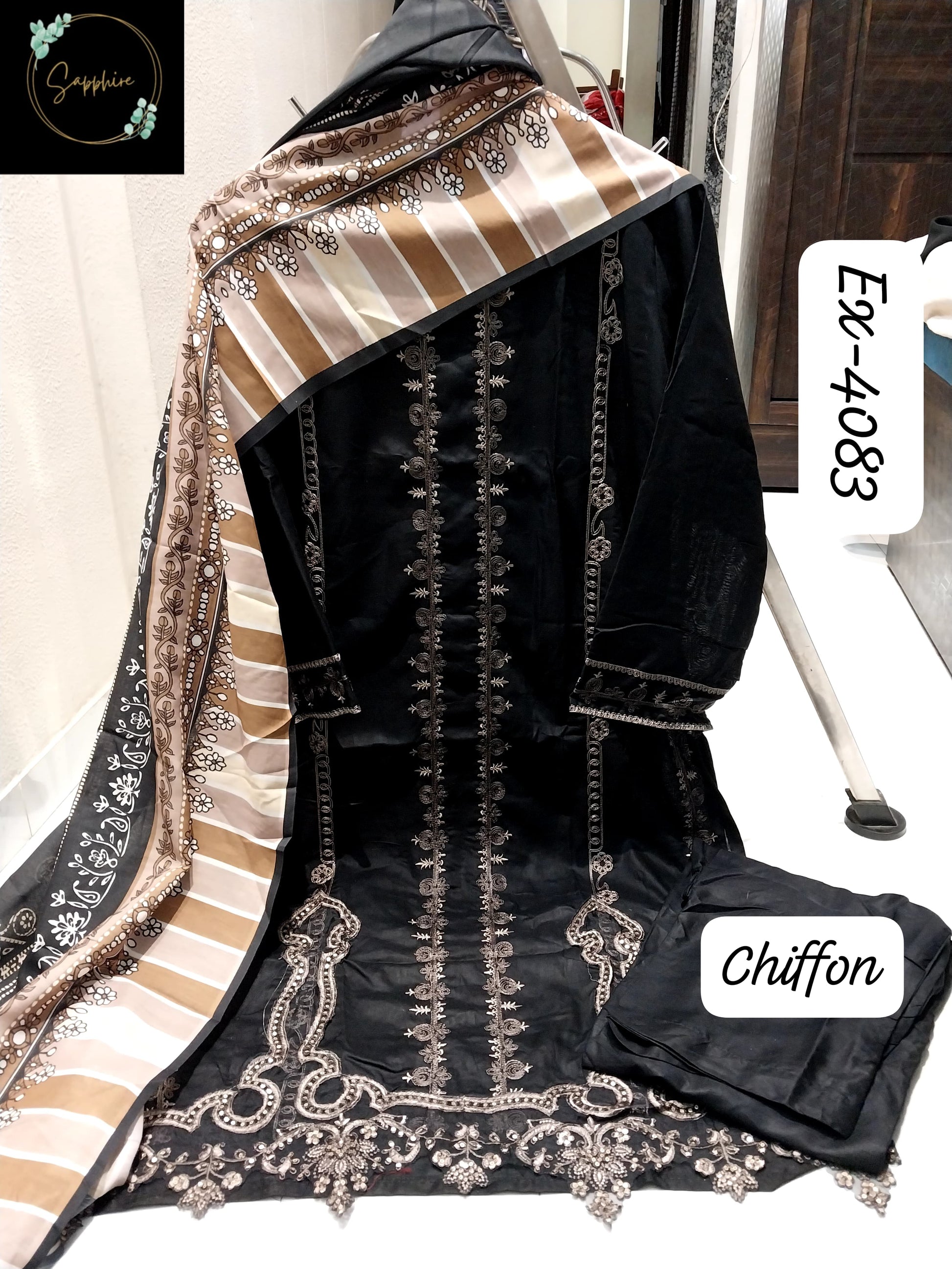 4083 Black Sapphire Patches Pakistani Readymade Suits