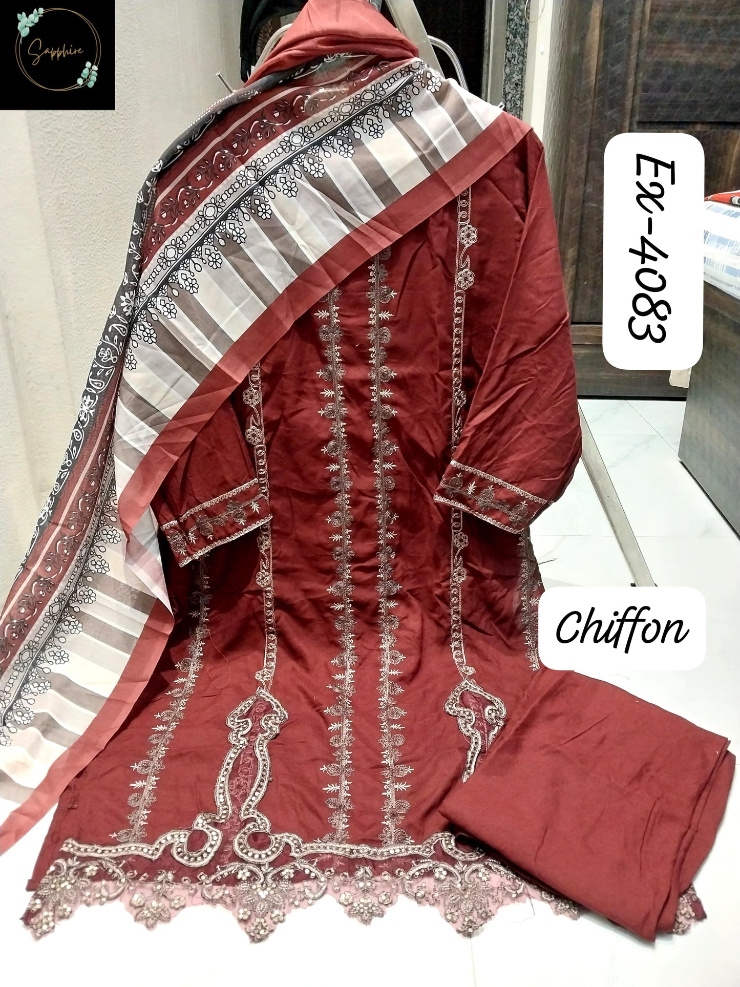 4083 Maroon Sapphire Patches Pakistani Readymade Suits