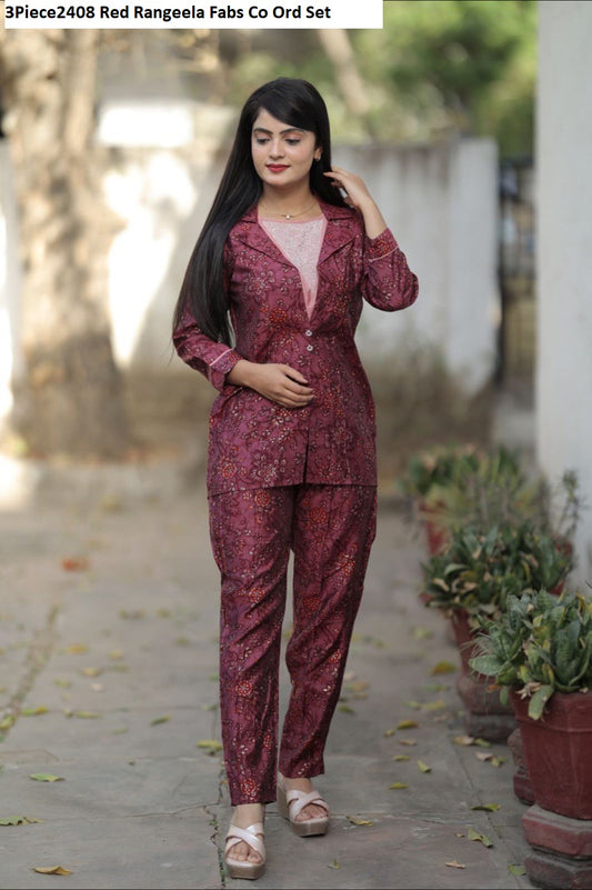 3Piece2408 Red Rangeela Fabs Co Ord Set