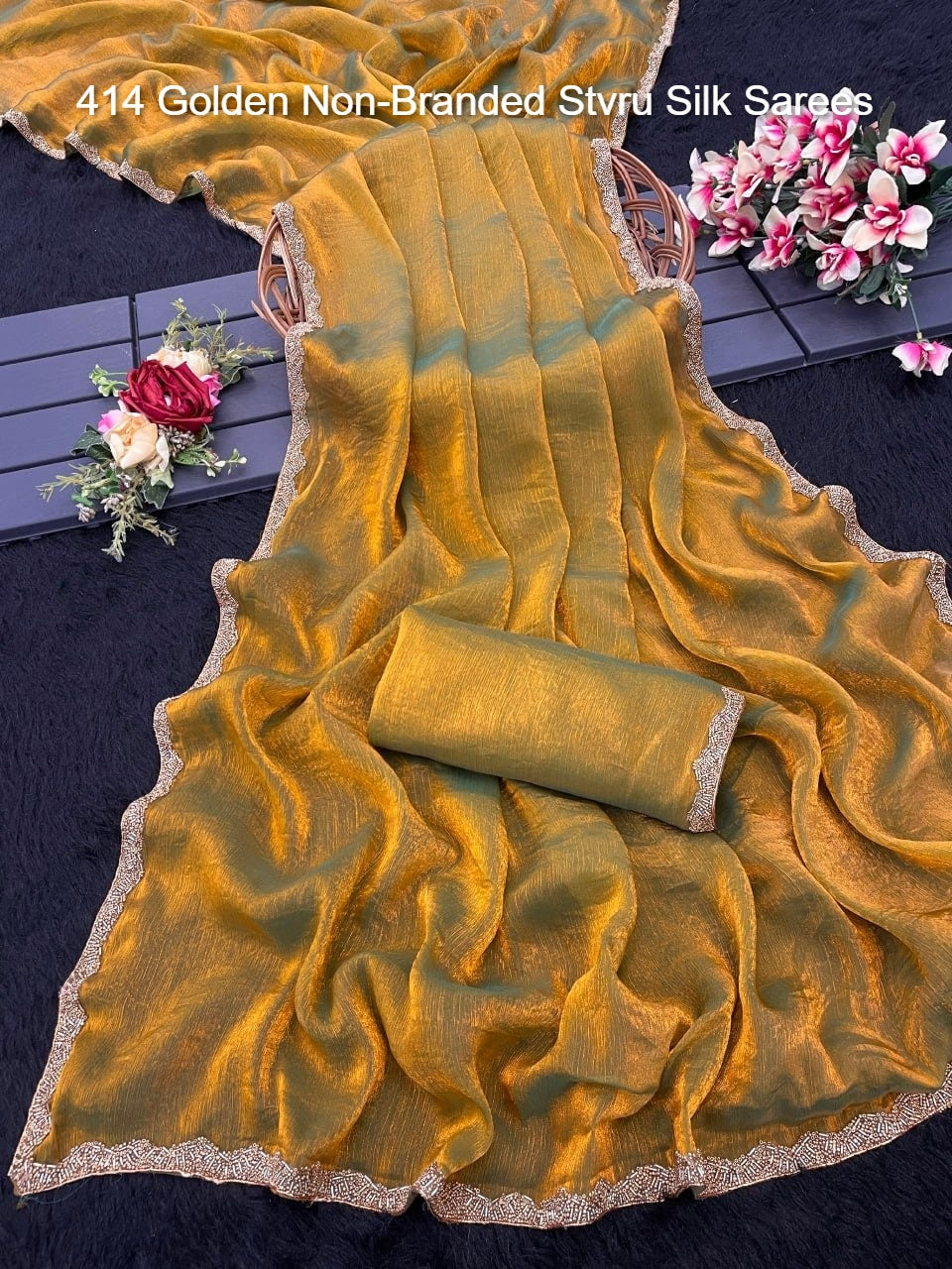 414 Golden Non-Branded Stvru Silk Sarees