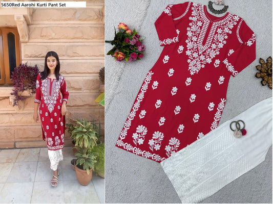 5650Red Aarohi Kurti Pant Set