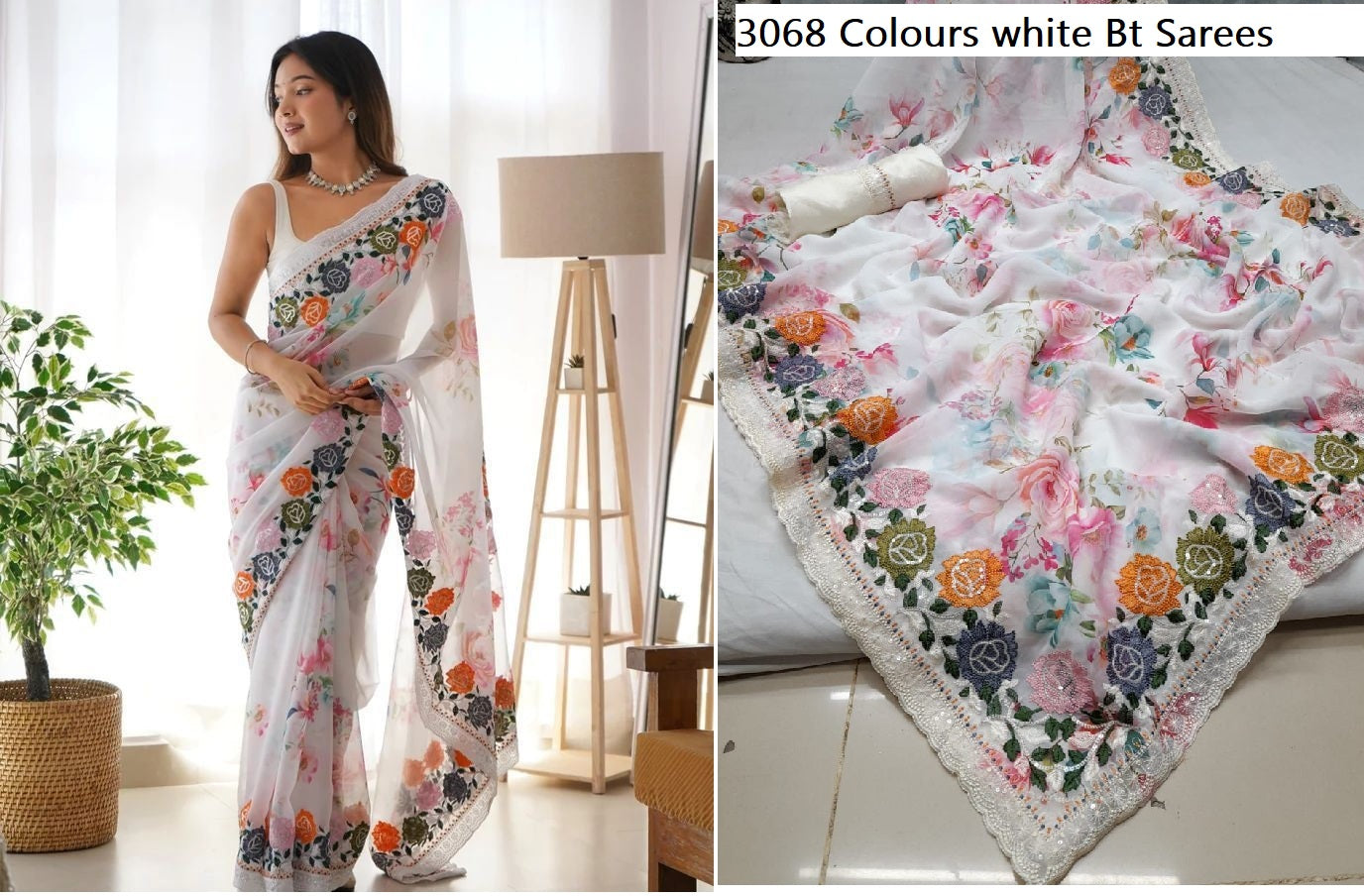 3068 White Bt Sarees