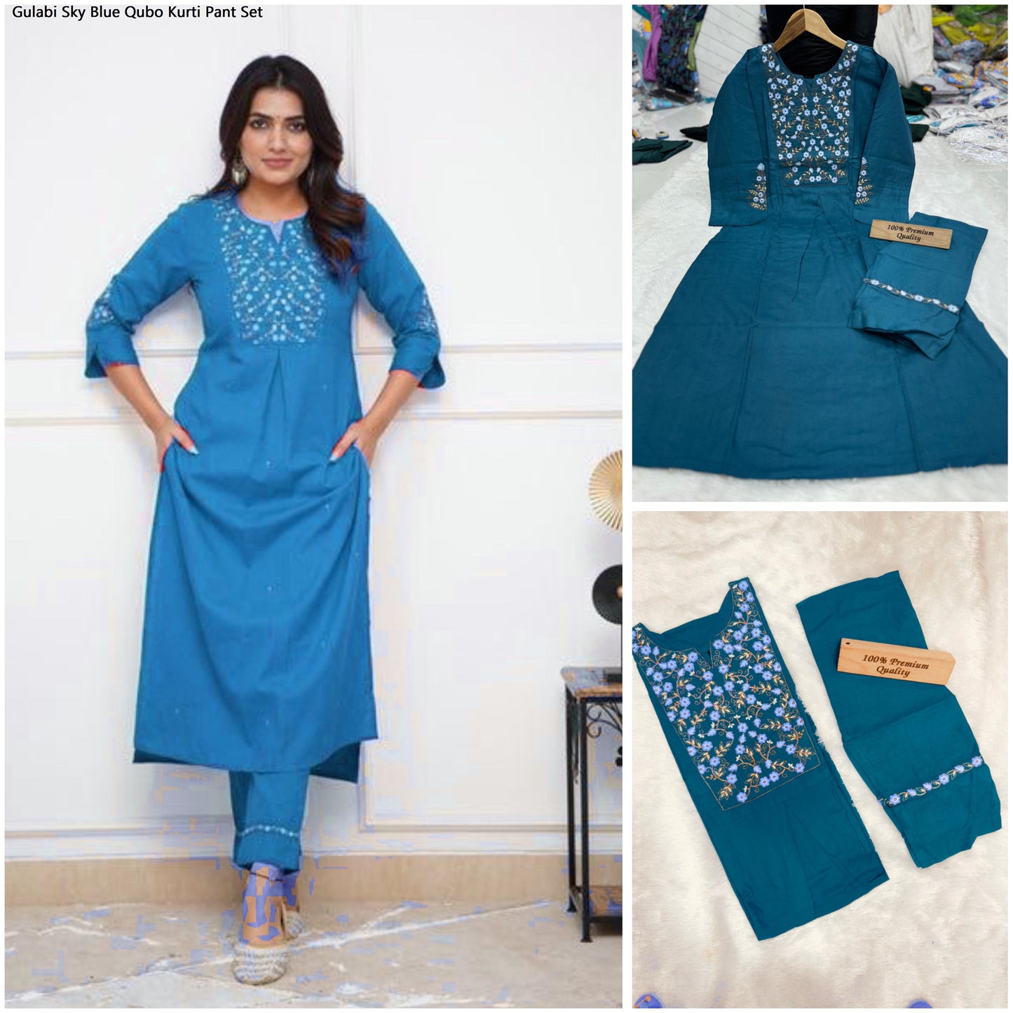 Gulabi Sky Blue Qubo Kurti Pant Set