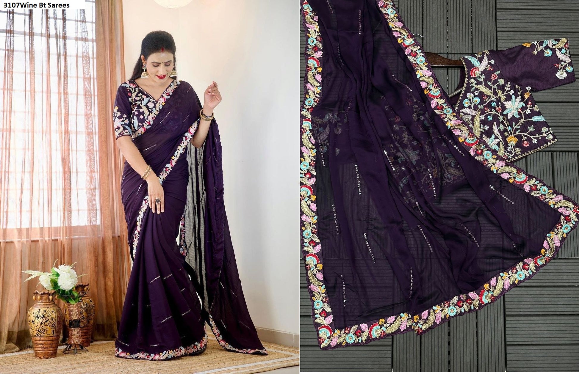 3107Wine Bt Sarees
