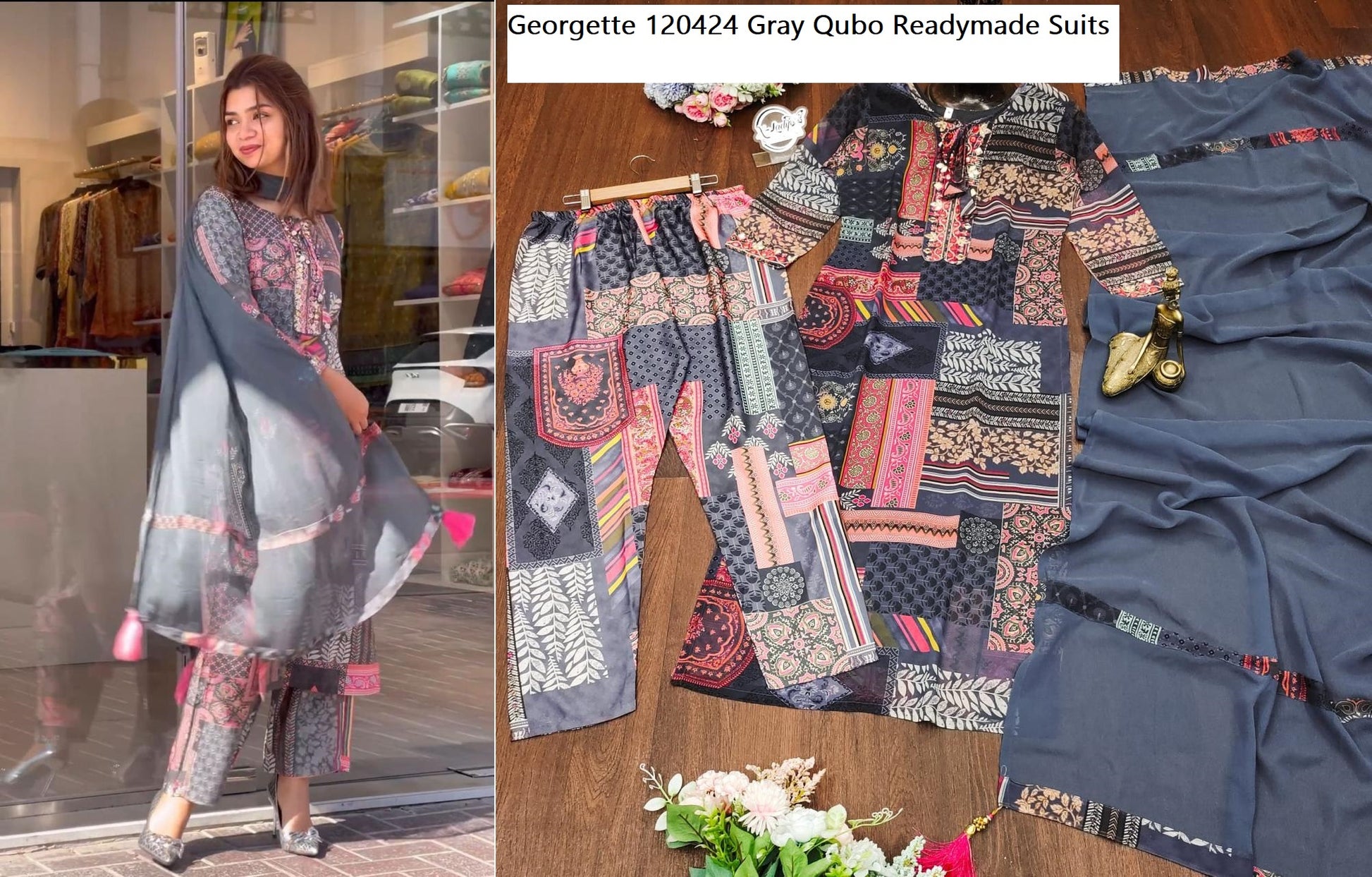 Georgette 120424 Gray Qubo Readymade Suits