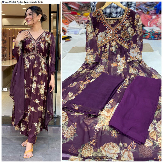 Floral-Violet Qubo Readymade Suits