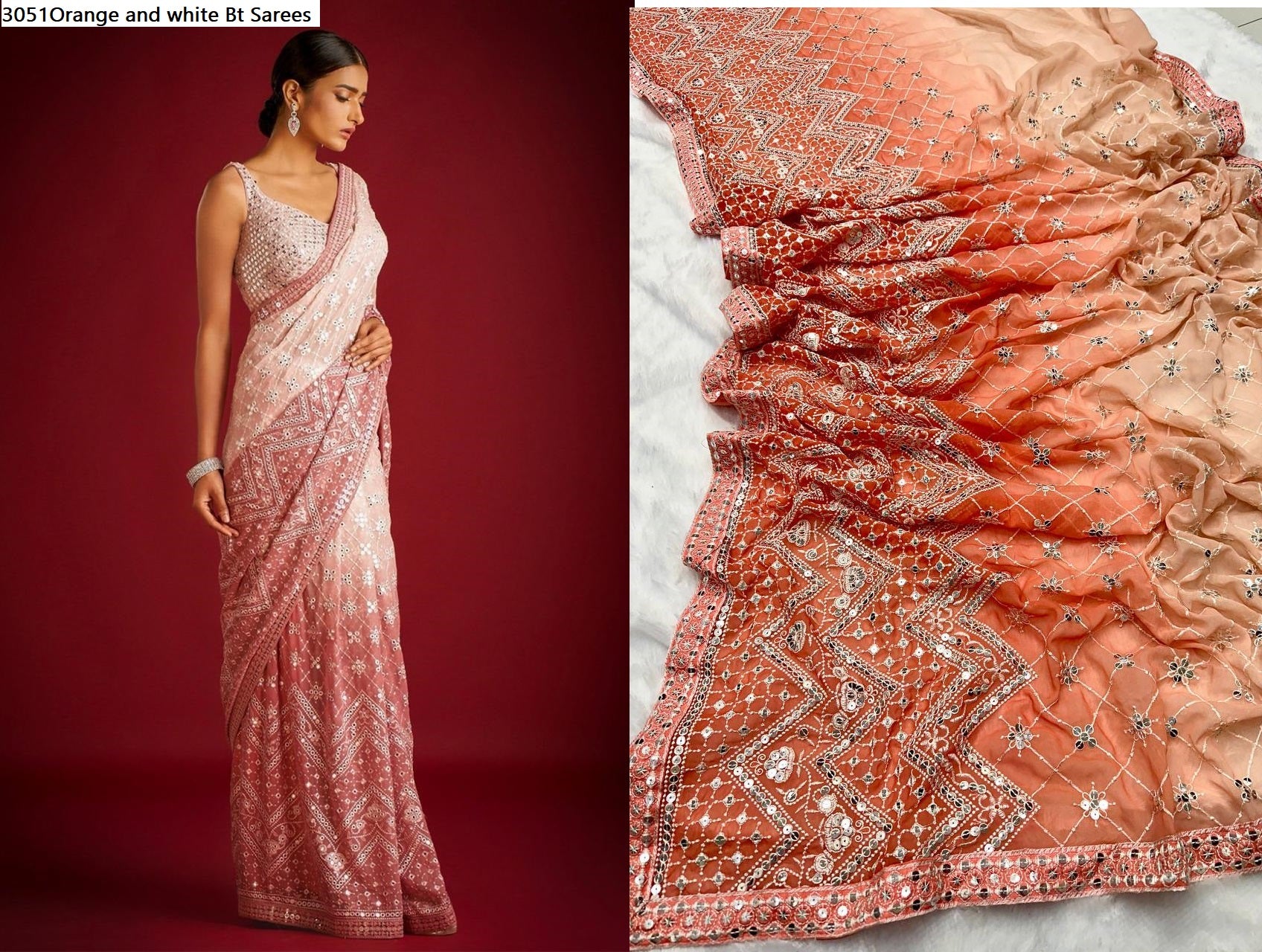 3051Orange And White Bt Sarees