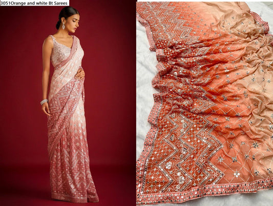 3051Orange And White Bt Sarees