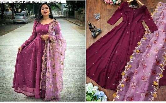 Georgette270524 Purple Qubo Gown Dupatta Set