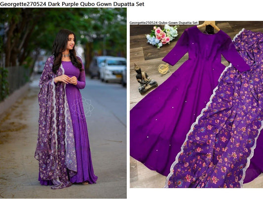 Georgette270524 Dark Purple Qubo Gown Dupatta Set