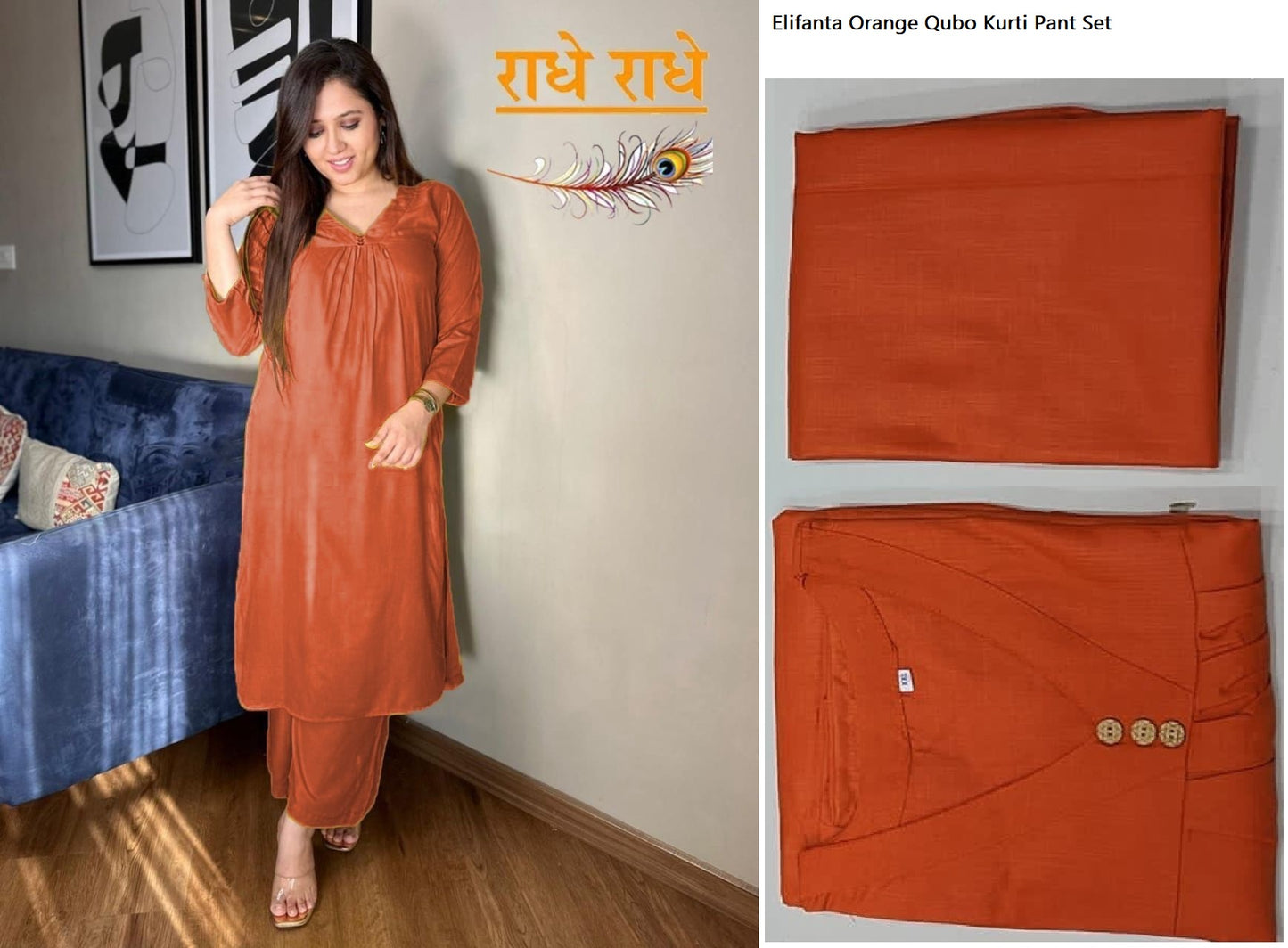 Elifanta Orange Qubo Kurti Pant Set