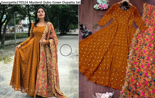 Georgette270524 Musterd Qubo Gown Dupatta Set