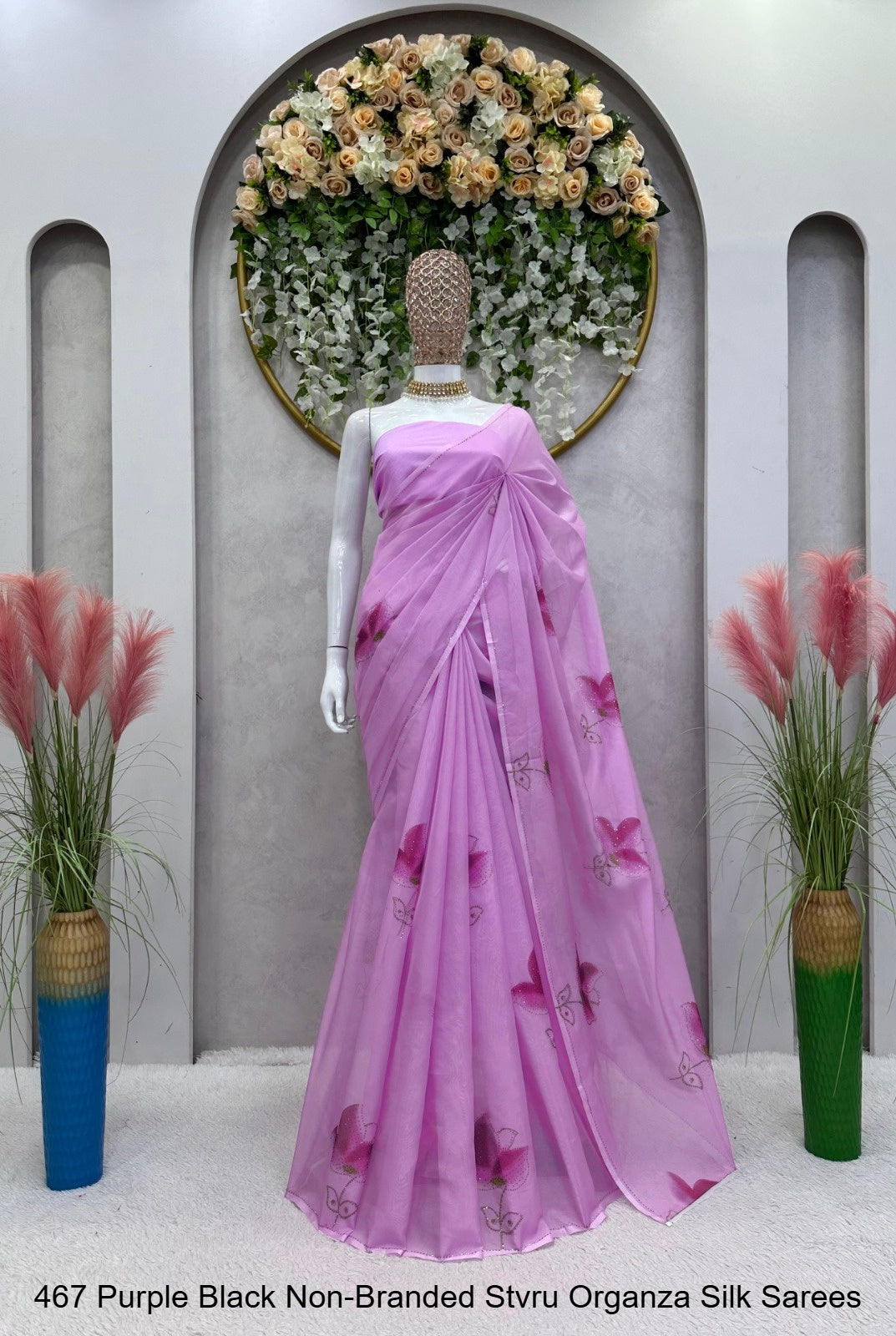 467 Purple Black Non-Branded Stvru Organza Silk Sarees