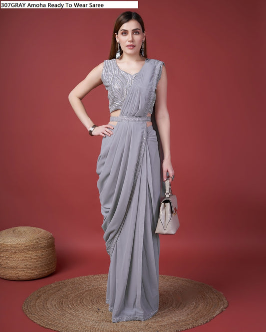307Gray Amoha Ready To Wear Saree