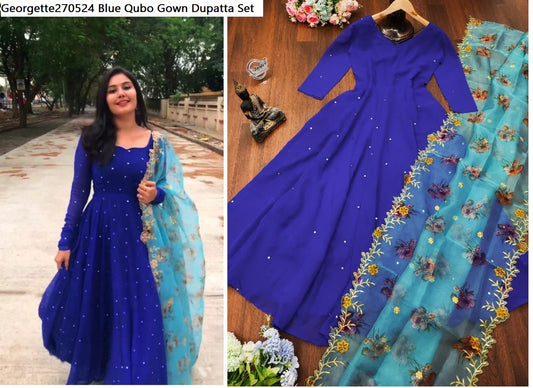 Georgette270524 Blue Qubo Gown Dupatta Set
