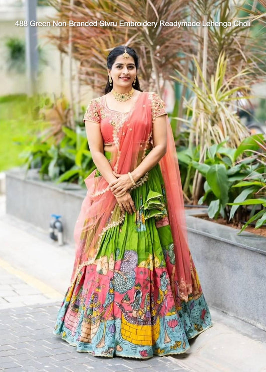 488 Green Non-Branded Stvru Embroidery Readymade Lehenga Choli