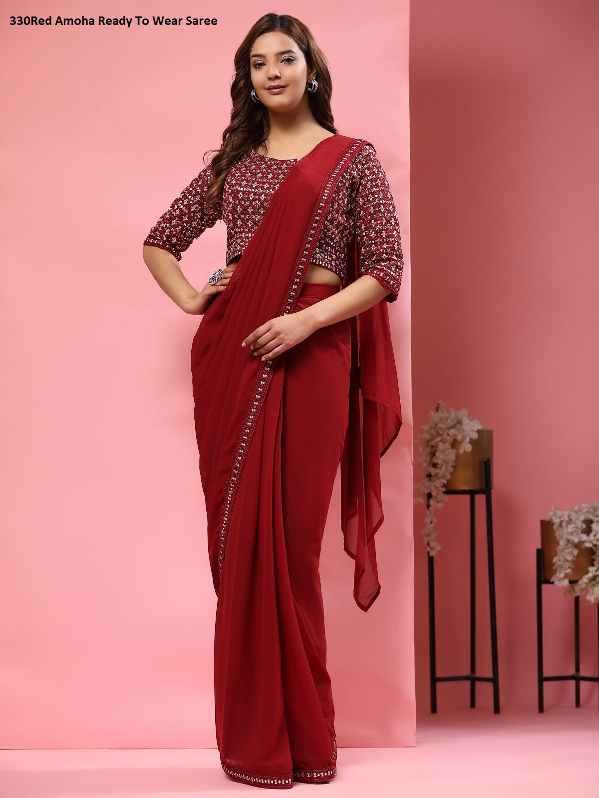 330Red Amoha Ready To Wear Saree