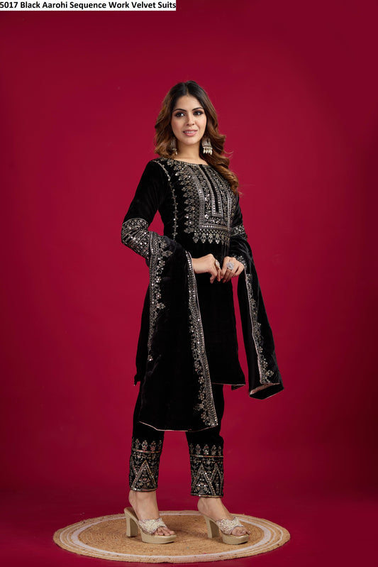 5017 Black Aarohi Sequence Work Velvet Suits