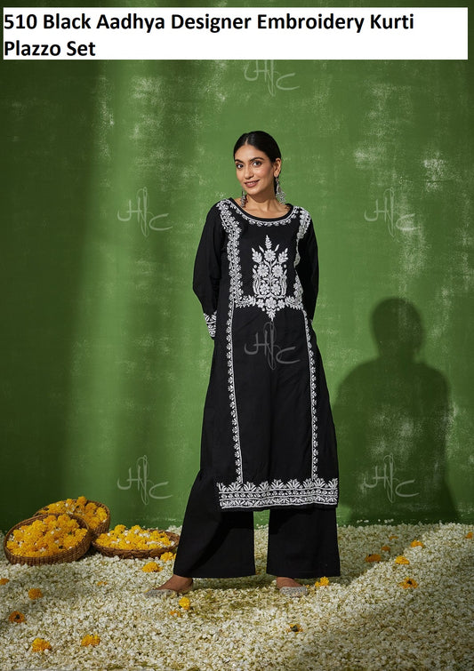 510 Black Aadhya Designer Embroidery Kurti Plazzo Set