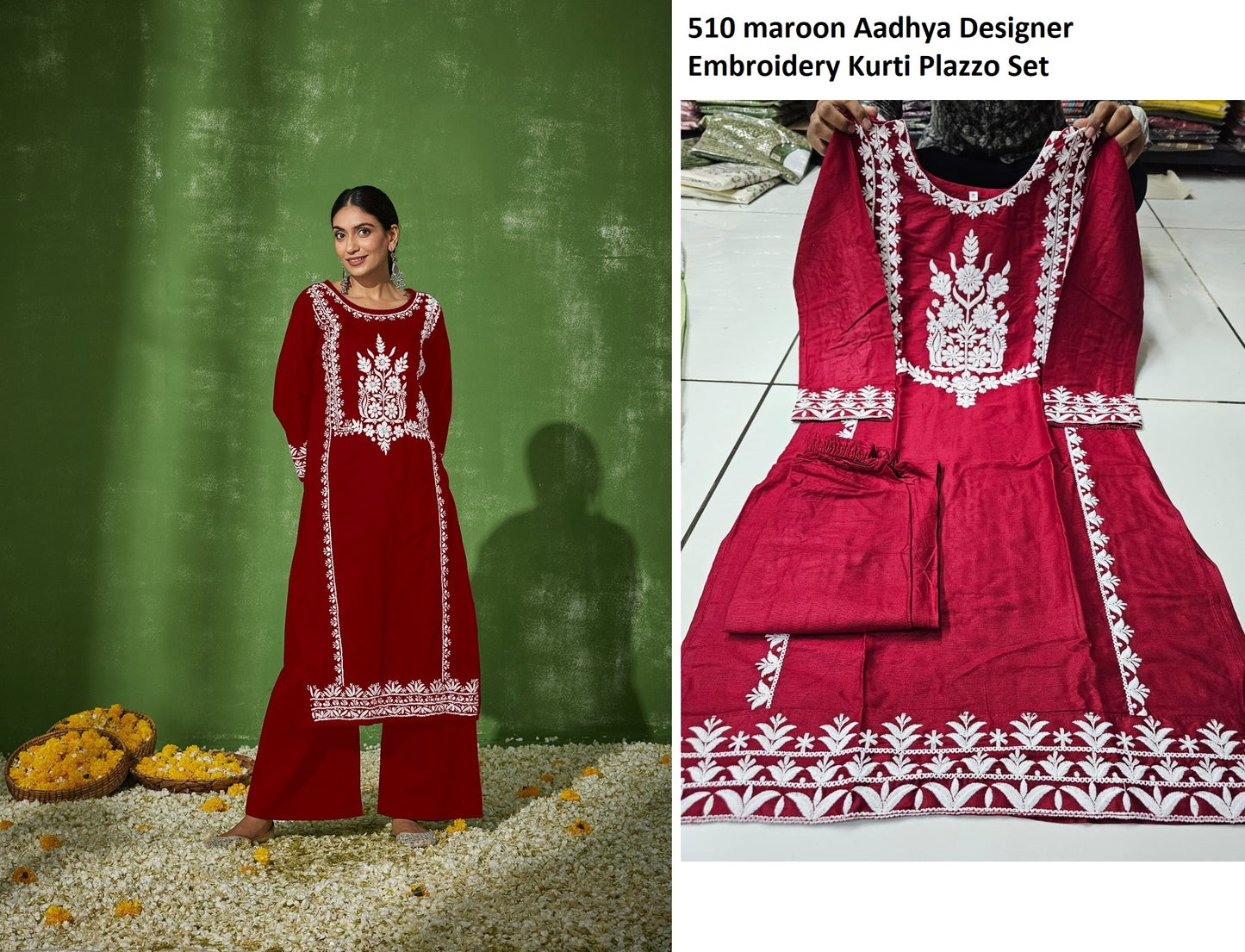 510 Maroon Aadhya Designer Embroidery Kurti Plazzo Set