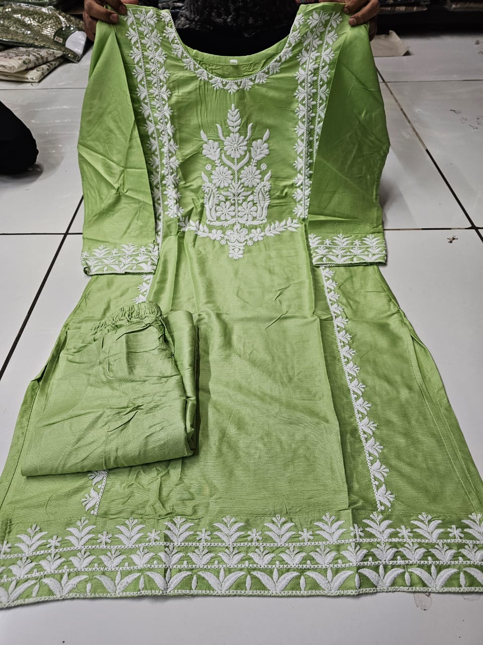 510 Pista Aadhya Designer Embroidery Kurti Plazzo Set